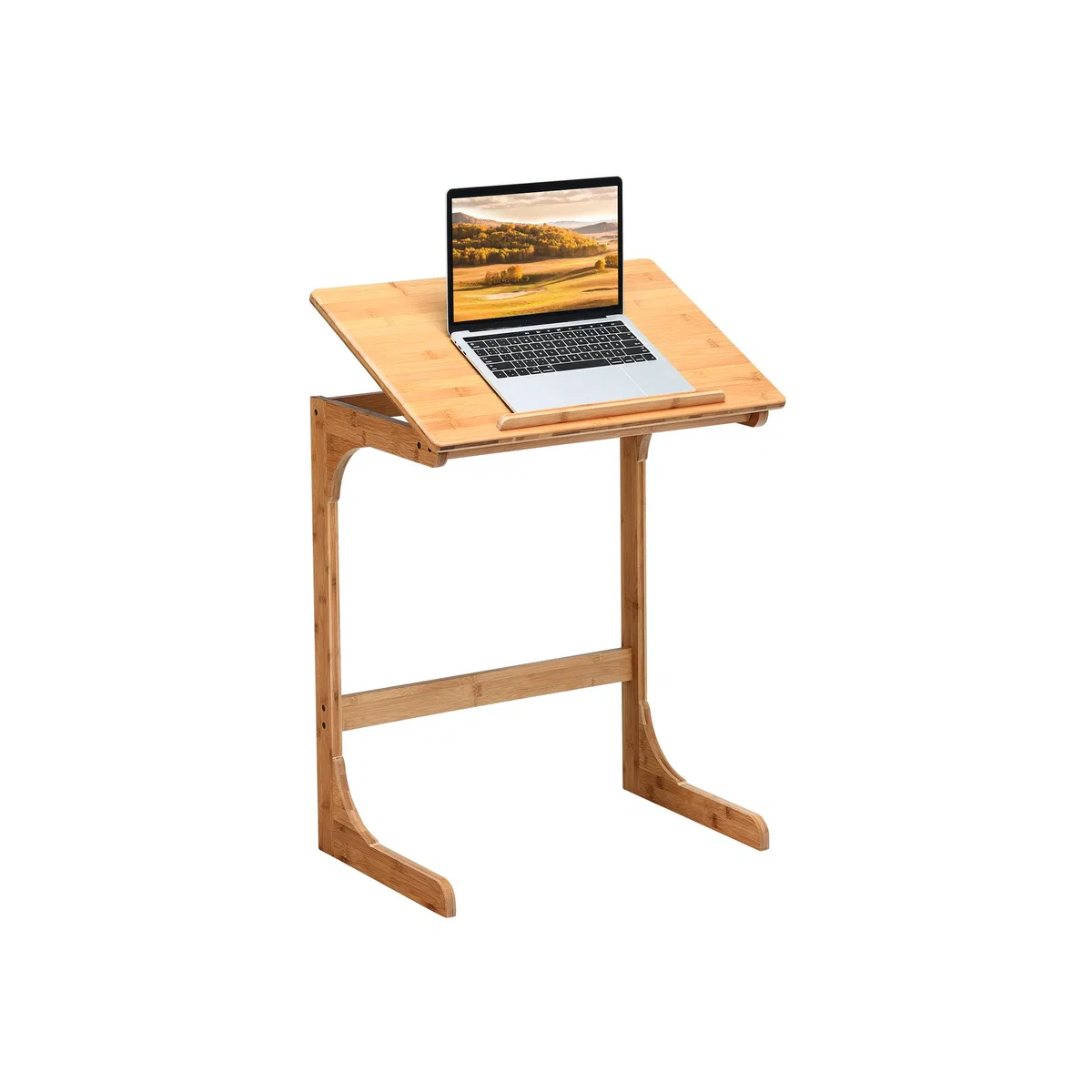 C-shaped Bamboo Sofa Side Table Tilting Top TV Tray Table - Brown