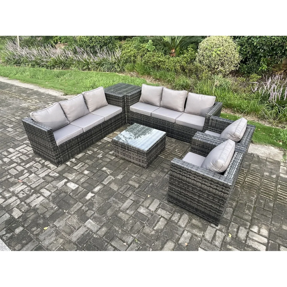 Fimous 8-Seater Rattan Set with 2 Armchairs Side Table & Coffee Table - Dark Grey – image 3