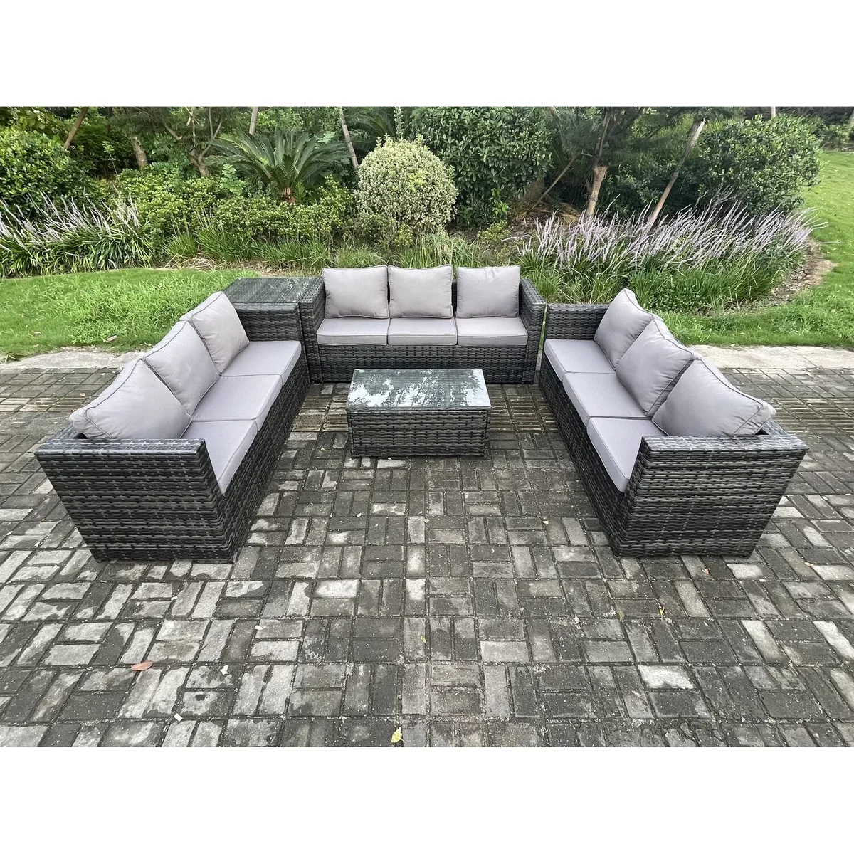Fimous 9-Seater Rattan Lounge Set with Side Table - Dark Grey – image 3
