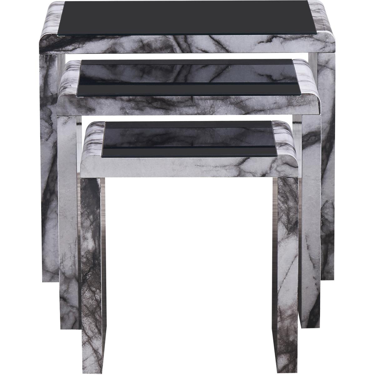 Nest of 3 Tables Marble Effect White Finish with Black Tempered Glass - White – image 2