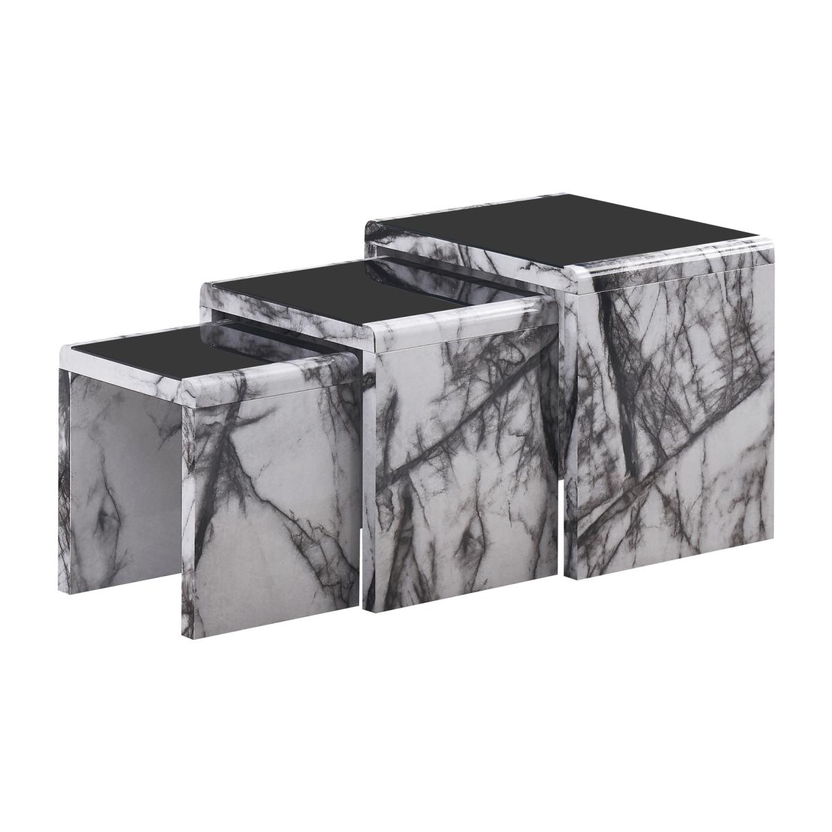 Nest of 3 Tables Marble Effect White Finish with Black Tempered Glass - White – image 1