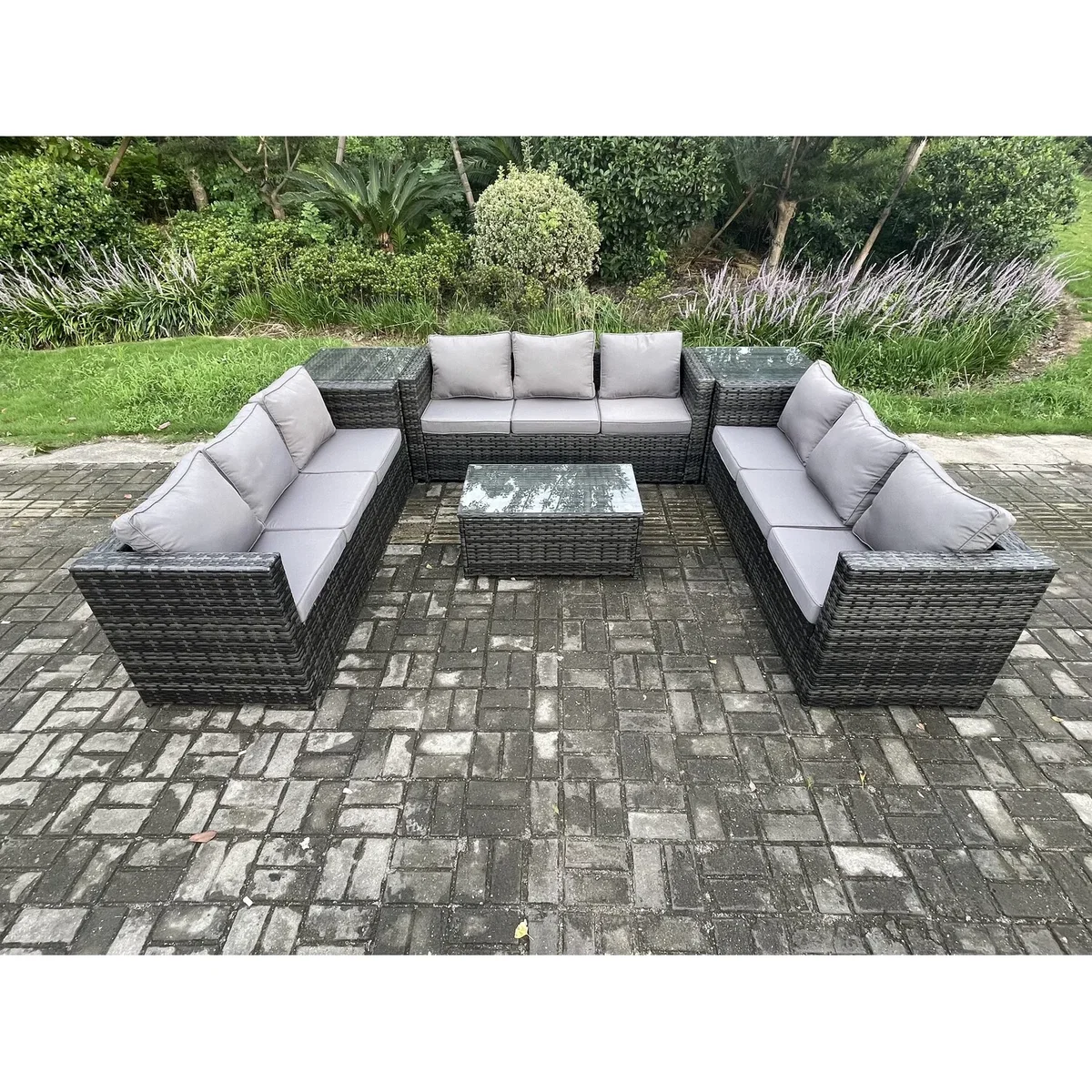 Fimous 9-Seater Rattan Lounge Set with 2 Side Tables - Dark Grey – image 3