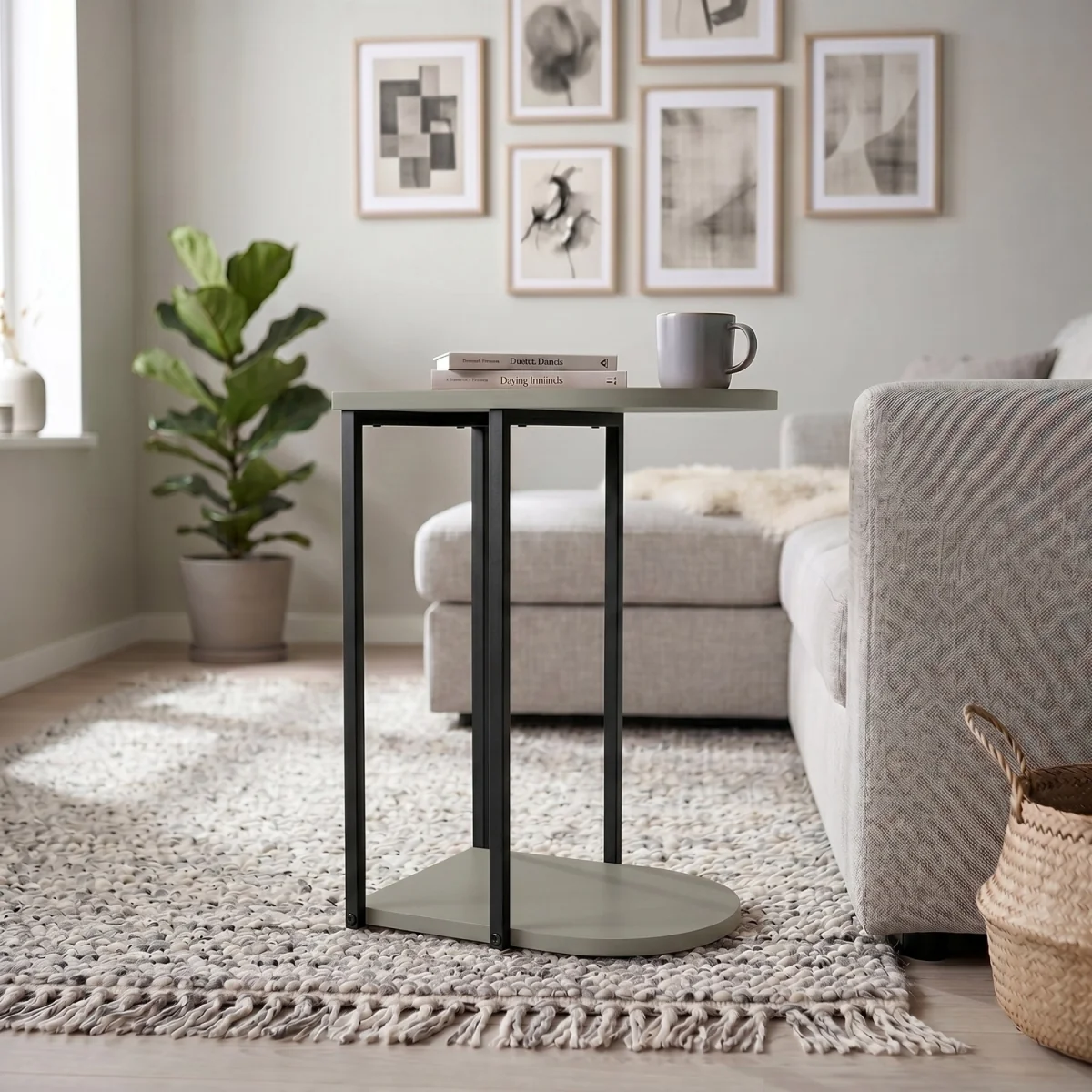 Decortie Roya Half-Round Side Table with Metal Frame and Shelf - Ash Green – image 2