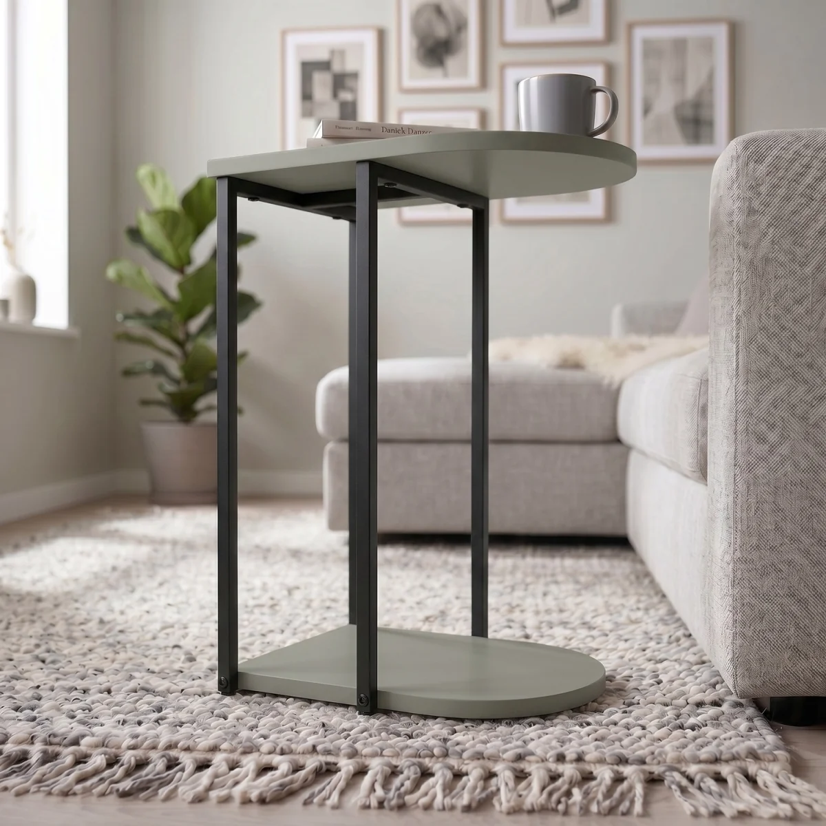 Decortie Roya Half-Round Side Table with Metal Frame and Shelf - Ash Green – image 6