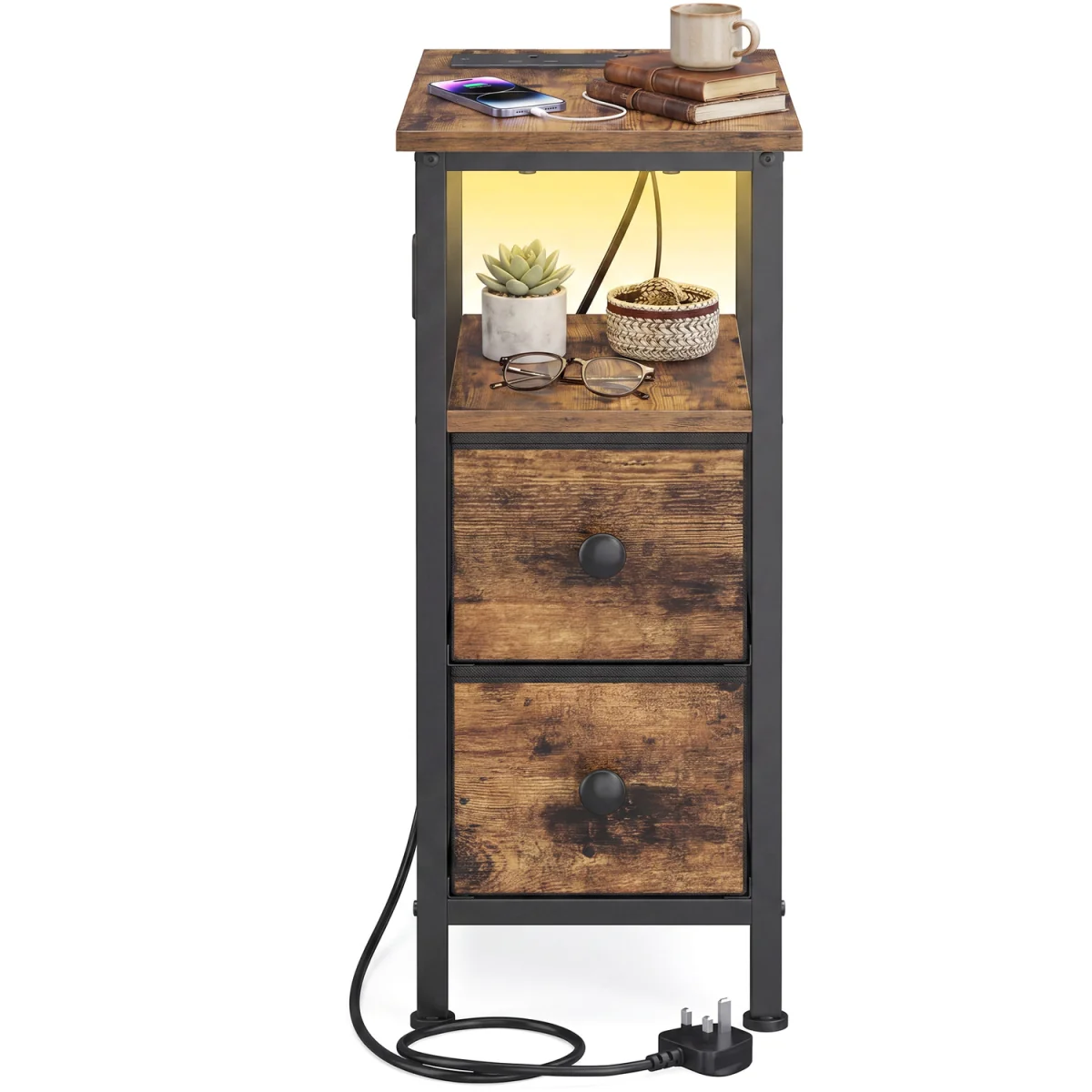 Side End Table with Charging Station, LED Lighting - Brown – image 2
