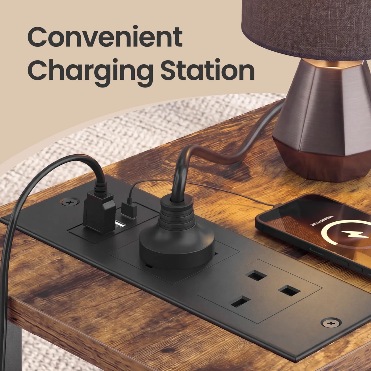 Side End Table with Charging Station, LED Lighting - Brown – image 6