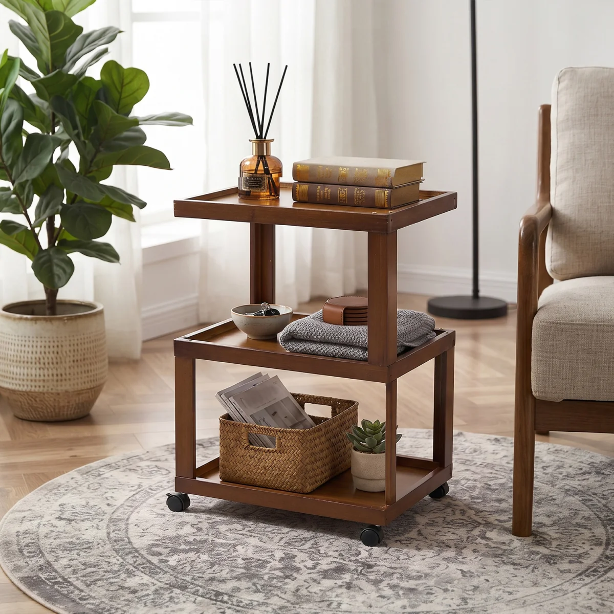 3-Tier Bamboo Side Table with Castors - Brown – image 1
