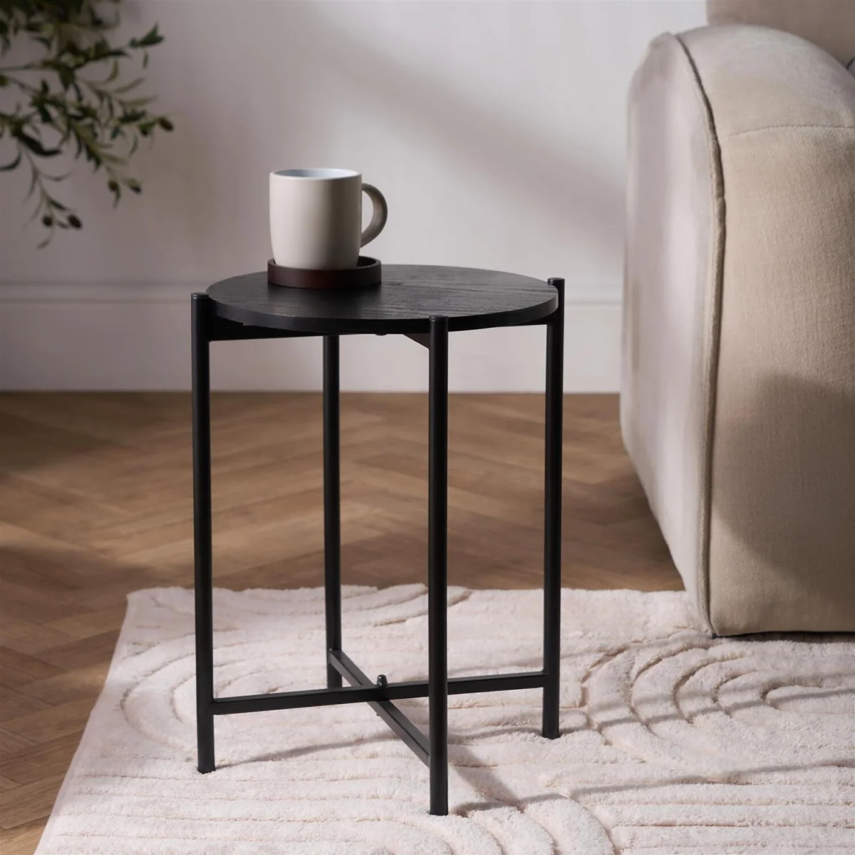 Marble Effect Round Side Table - Black Wood – image 2