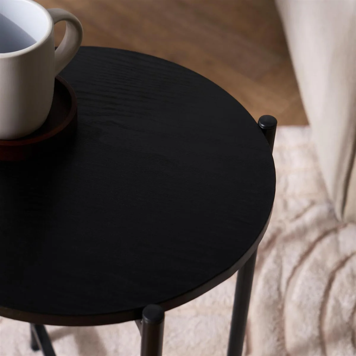 Marble Effect Round Side Table - Black Wood – image 3