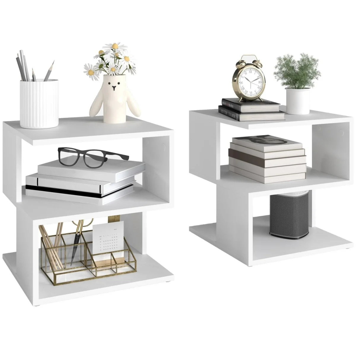 Luvila Set of 2 White Wooden Square Side Tables, 2-Tier Storage – image 3