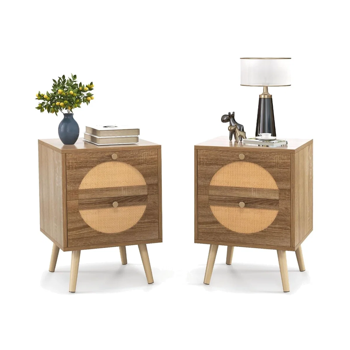 2PCS Nightstand Sofa Side Table with 2 Storage Drawers - Brown