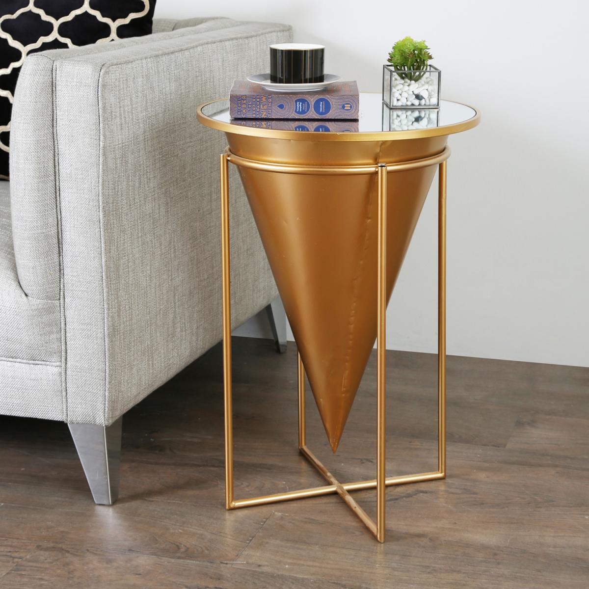 Round Cone Shape Mirrored Top Side Table - Gold – image 1