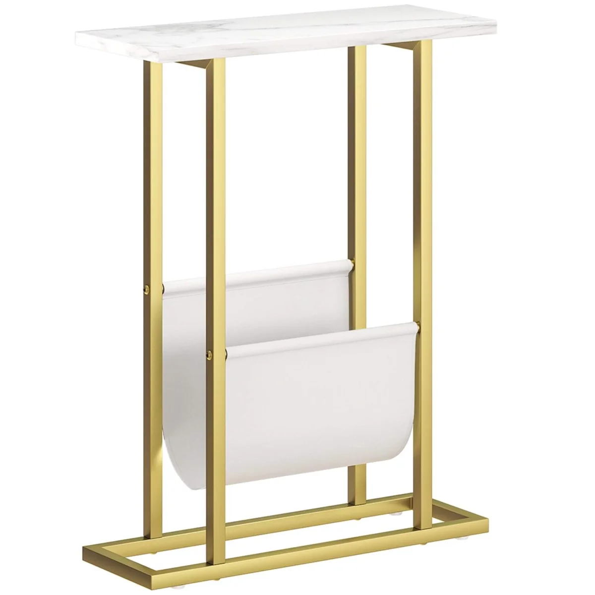 Vanozi Slim Two-Tier Side Table, White Marble-Grain Top with Gold-Tone Frame – image 2