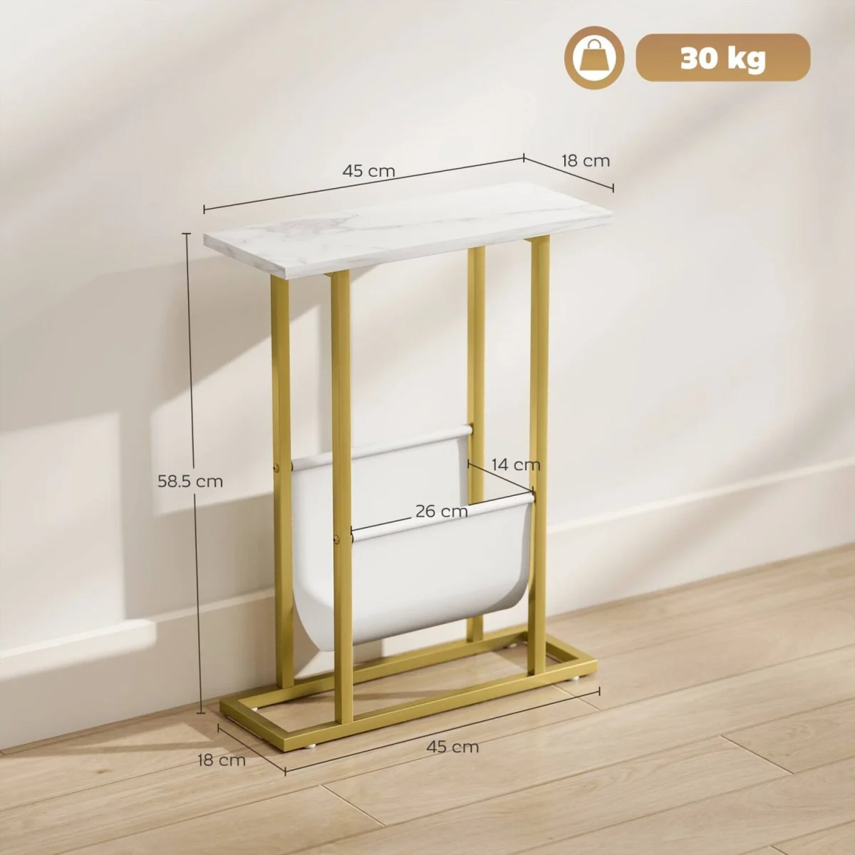 Vanozi Slim Two-Tier Side Table, White Marble-Grain Top with Gold-Tone Frame – image 3