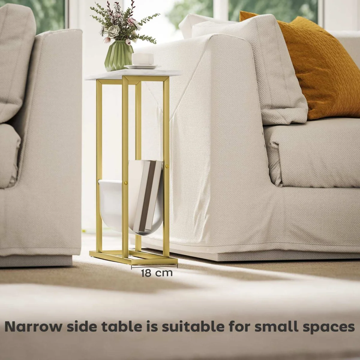 Vanozi Slim Two-Tier Side Table, White Marble-Grain Top with Gold-Tone Frame – image 4