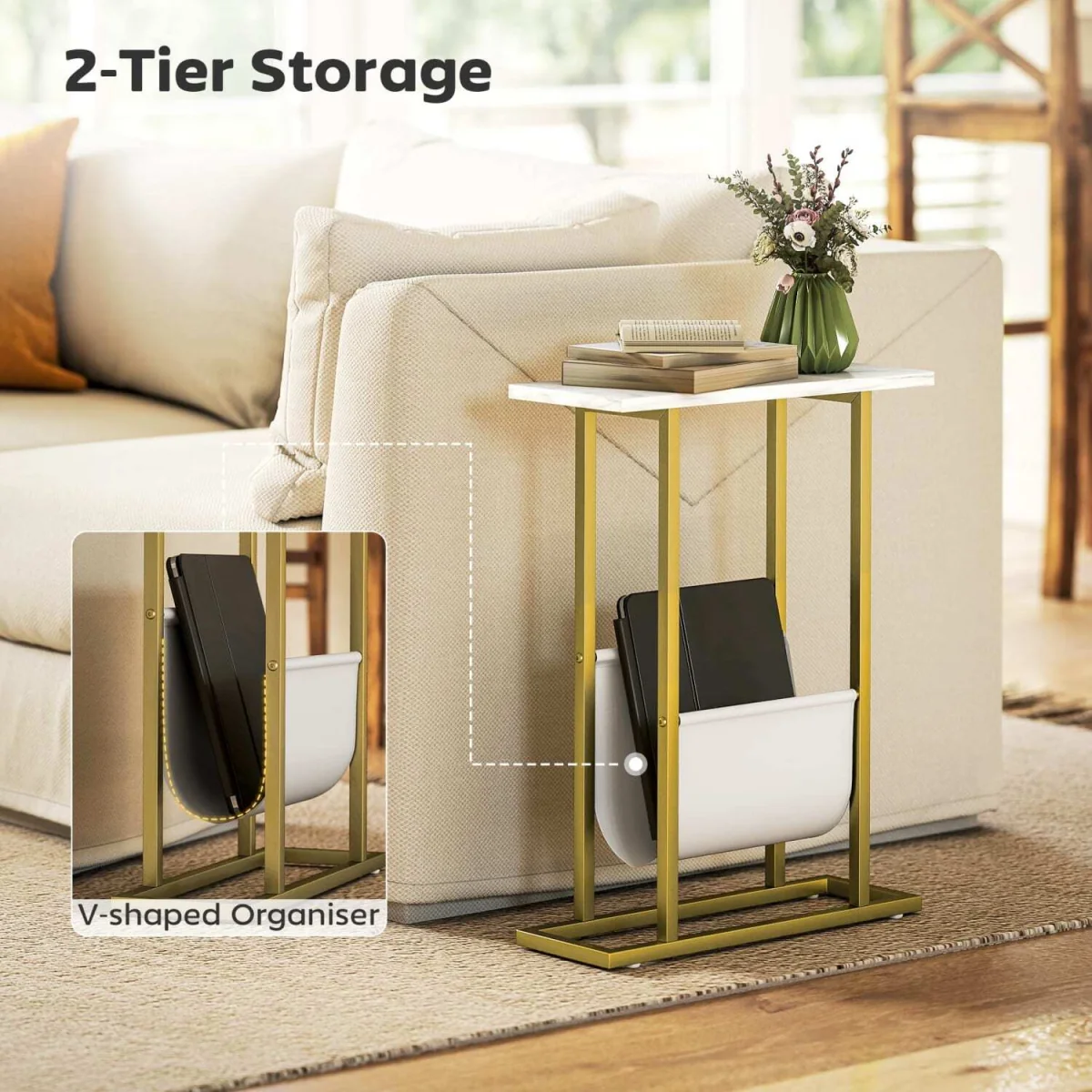 Vanozi Slim Two-Tier Side Table, White Marble-Grain Top with Gold-Tone Frame – image 5
