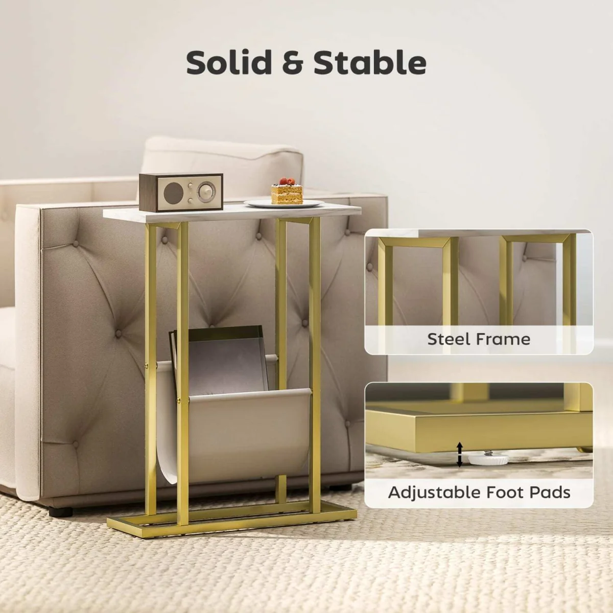 Vanozi Slim Two-Tier Side Table, White Marble-Grain Top with Gold-Tone Frame – image 6