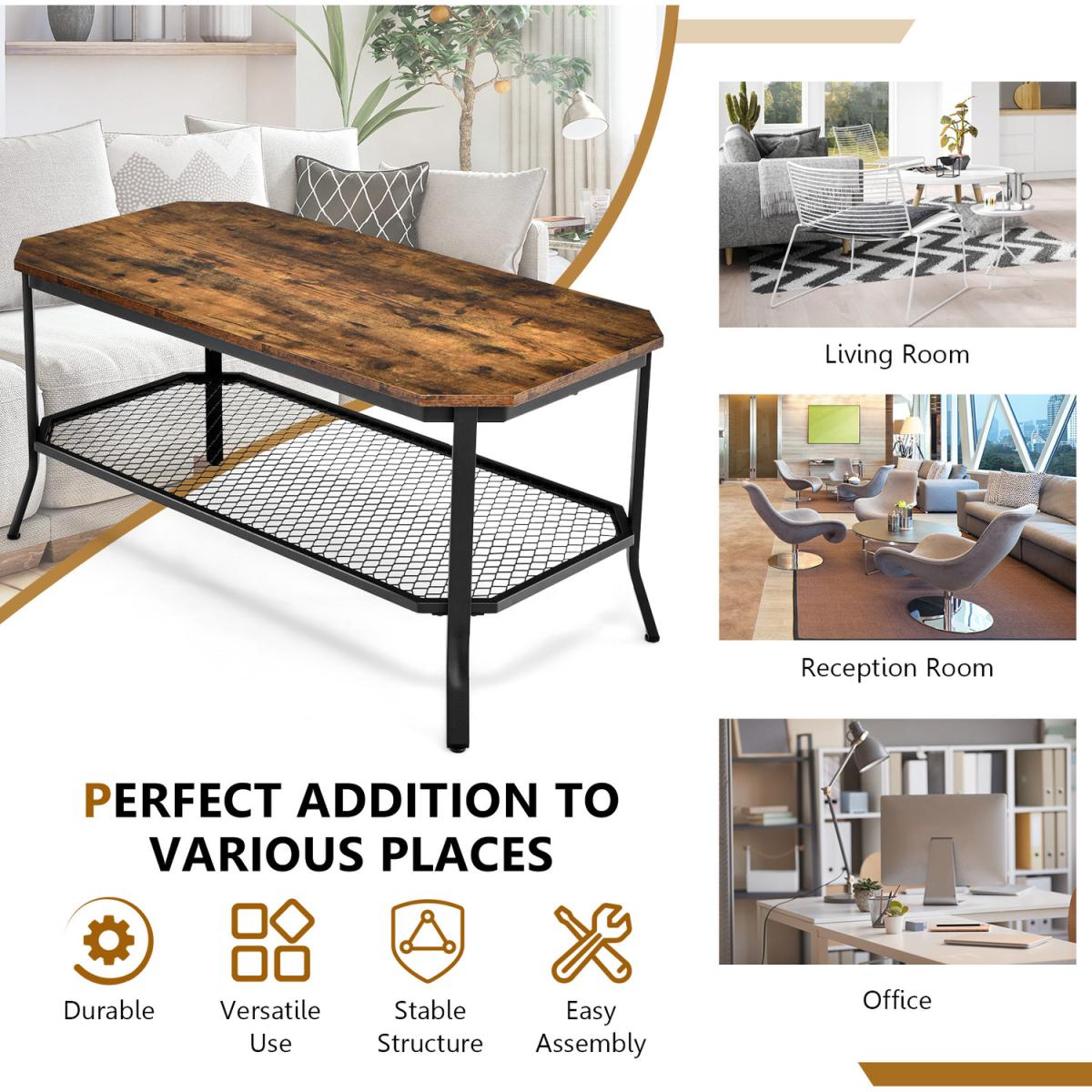 Costway 2-Tier Coffee Side Table-Brown - Brown – image 5