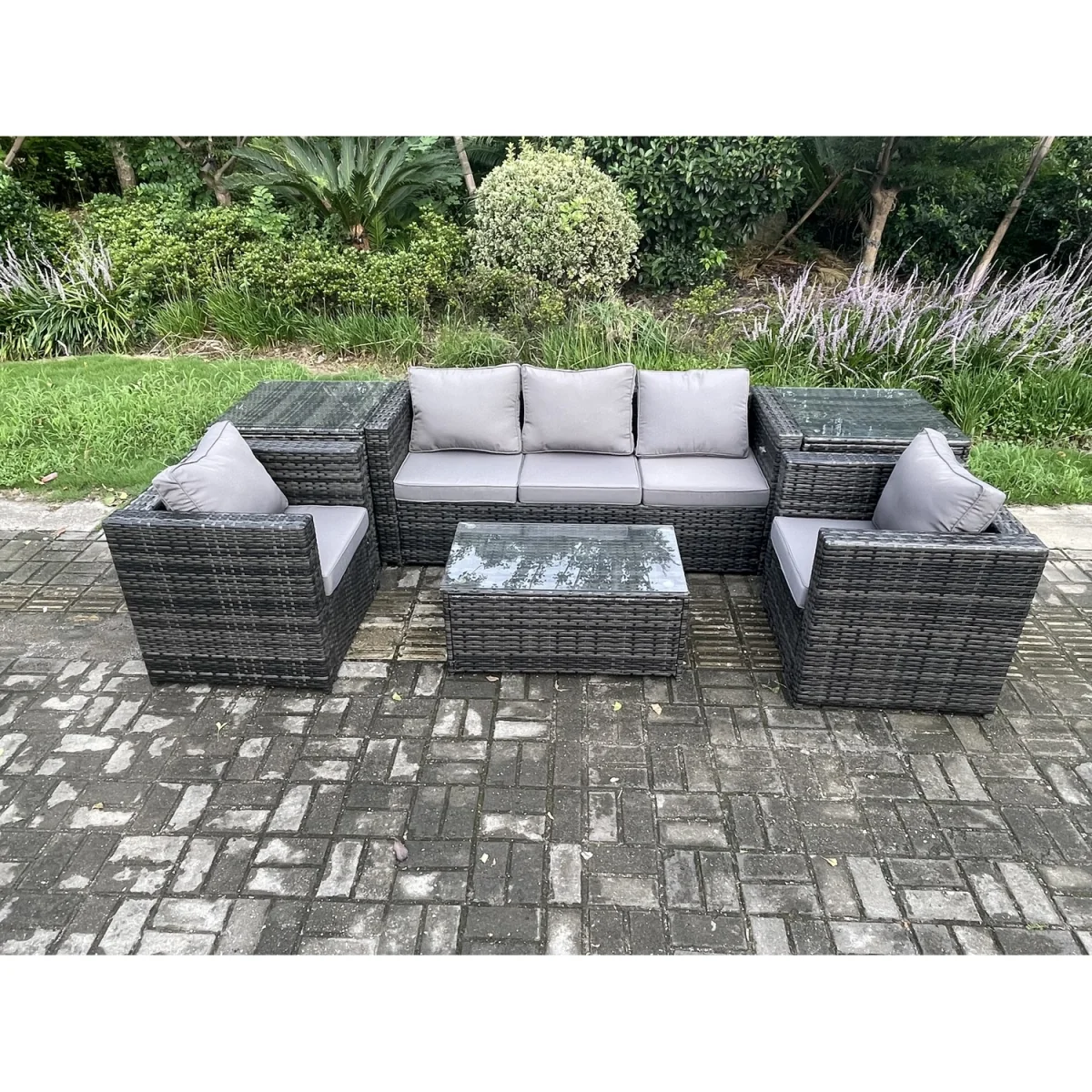 Fimous Rattan Lounge Set with 3-Seater Sofa, 2 Side Tables & Armchairs - Dark Grey – image 3