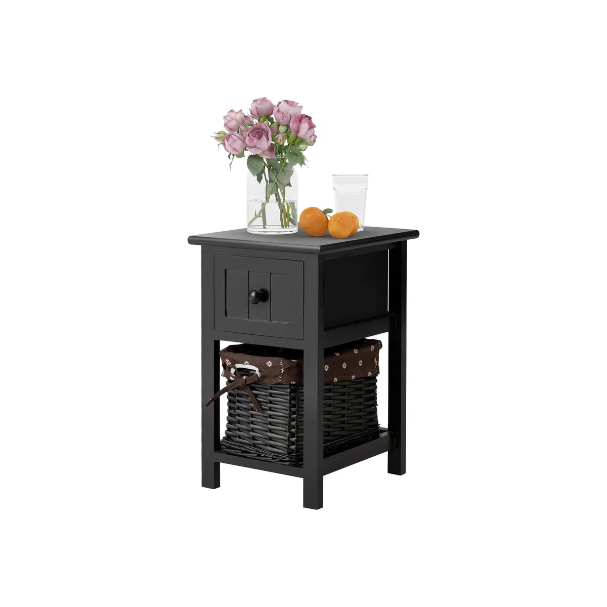 Nightstand Side Table with Wicker Basket - Black / 1
