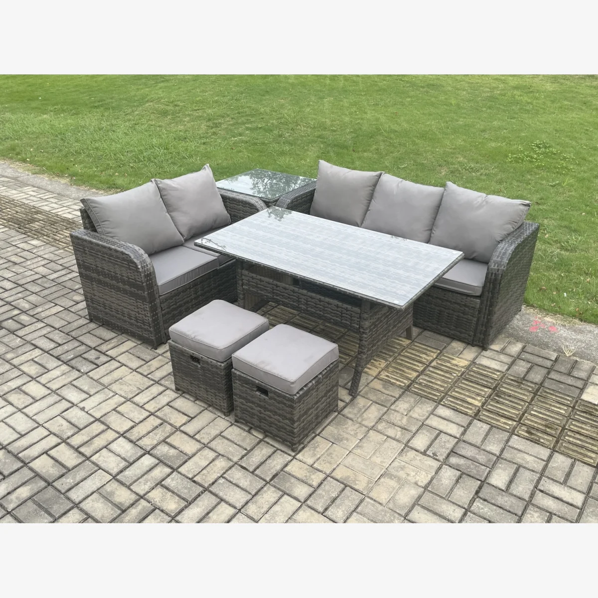 Fimous Rattan Patio Lounge Set with Side Table & 2 Footstools - Dark Grey – image 1