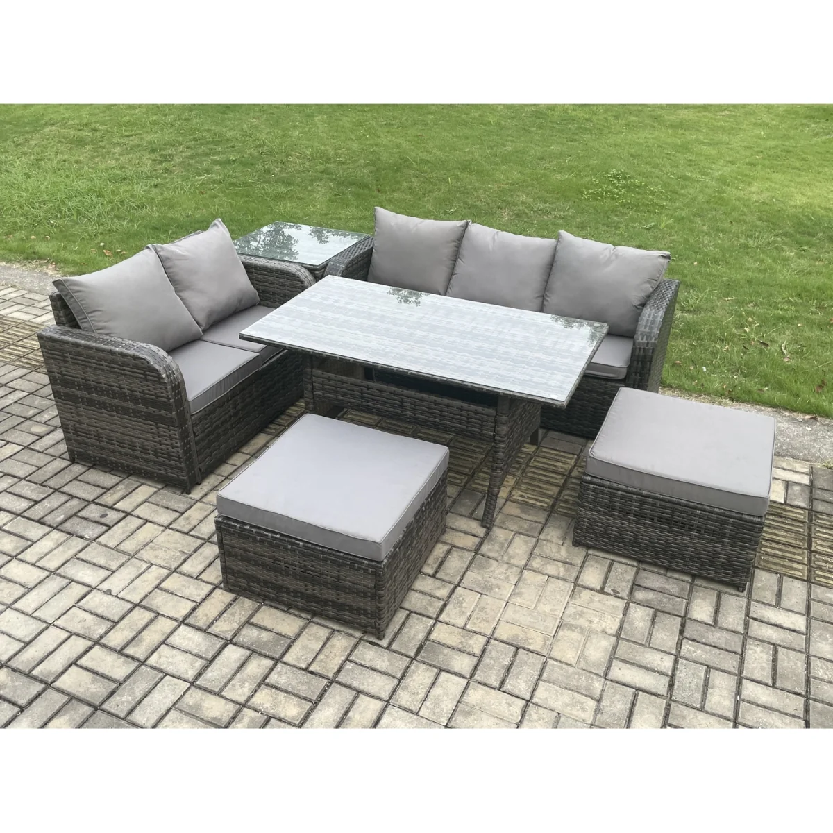 Fimous 7-Seater Rattan Patio Lounge Set with Side Table & Stools - Dark Grey – image 3