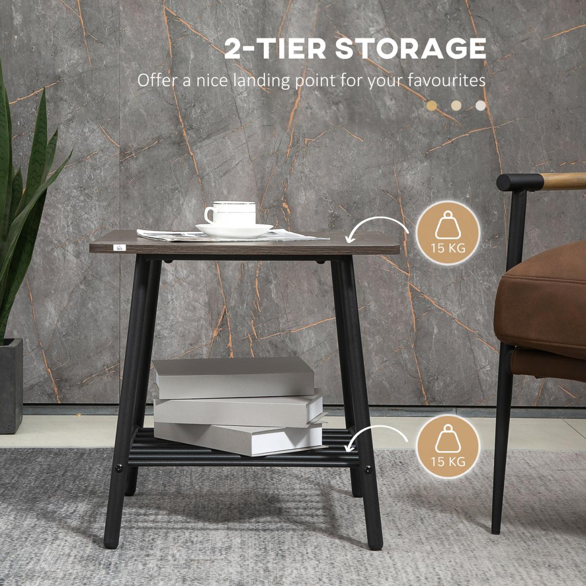 Side Table with 2-Tier Storage, Sofa End Table with Metal Frame - Grey – image 3