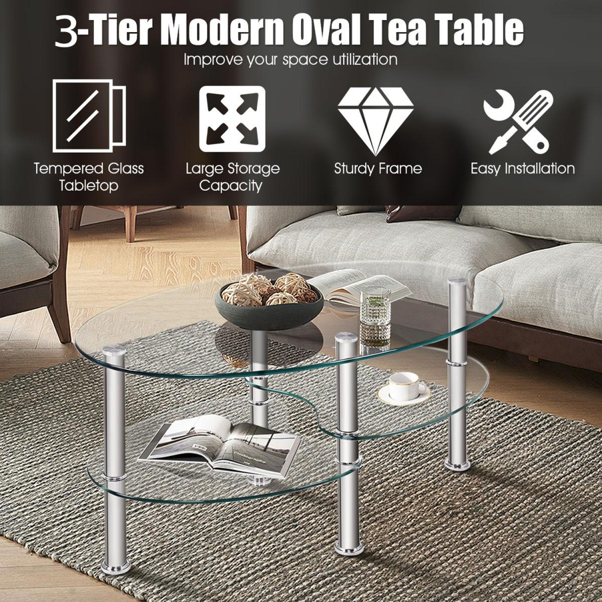 3-Tire Modern Oval Coffee Tea End Table Transparent - Transparent – image 6