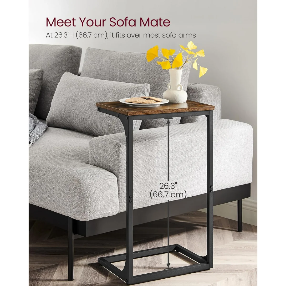 C-Shaped Sofa Side Table with Industrial Metal Frame, Space-Saving Snack and Laptop Table - Rustic Brown and Black – image 4