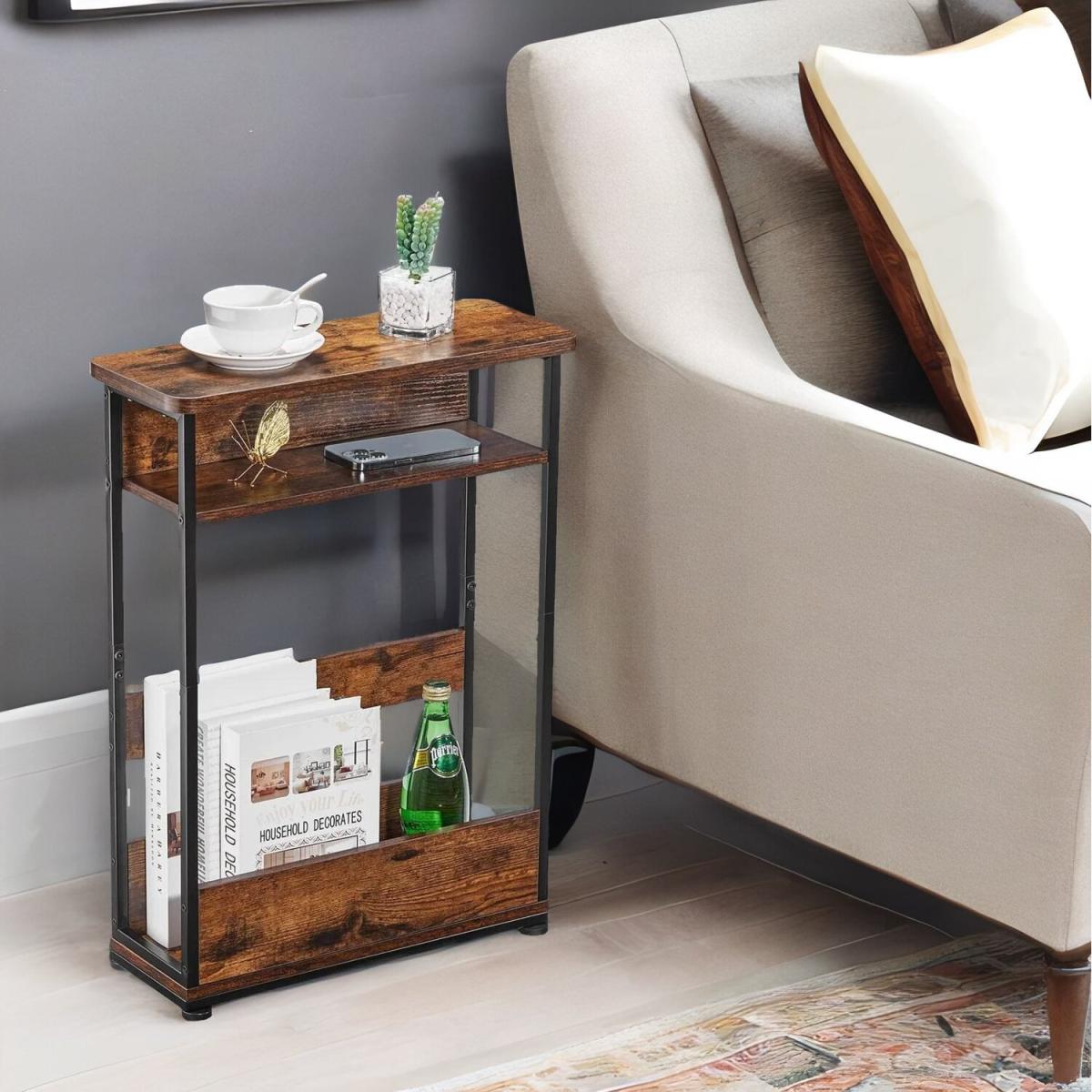 Industrial 3 Tier Side Table With Magazine Rack - Rustic Brown
