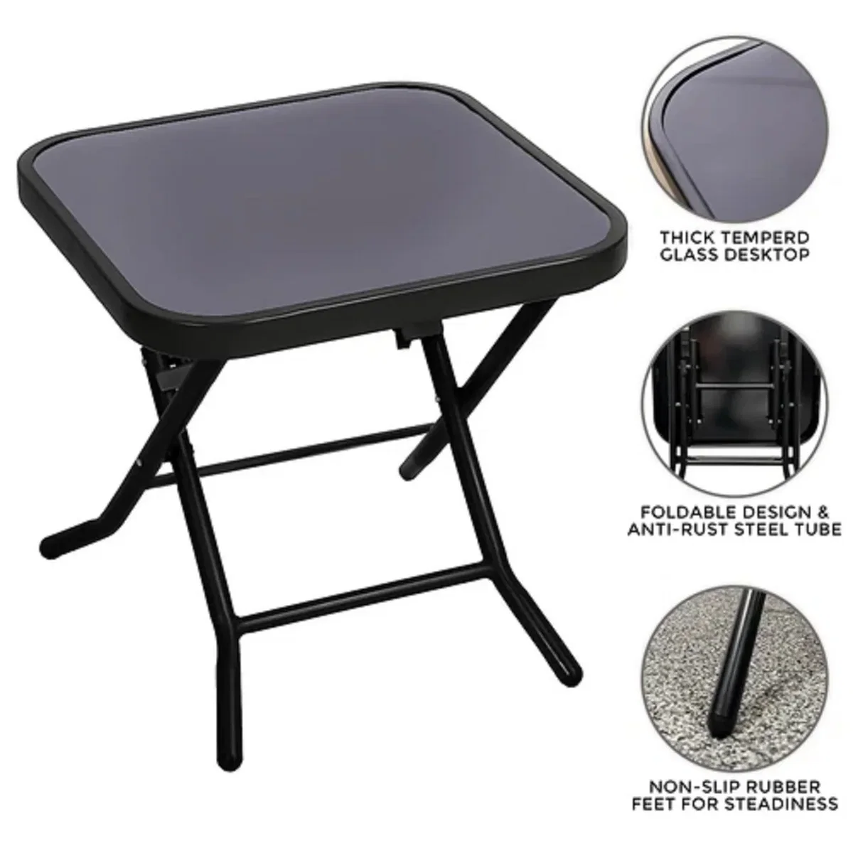 Folding Glass Top Side Table for Home and Garden - Black – image 5