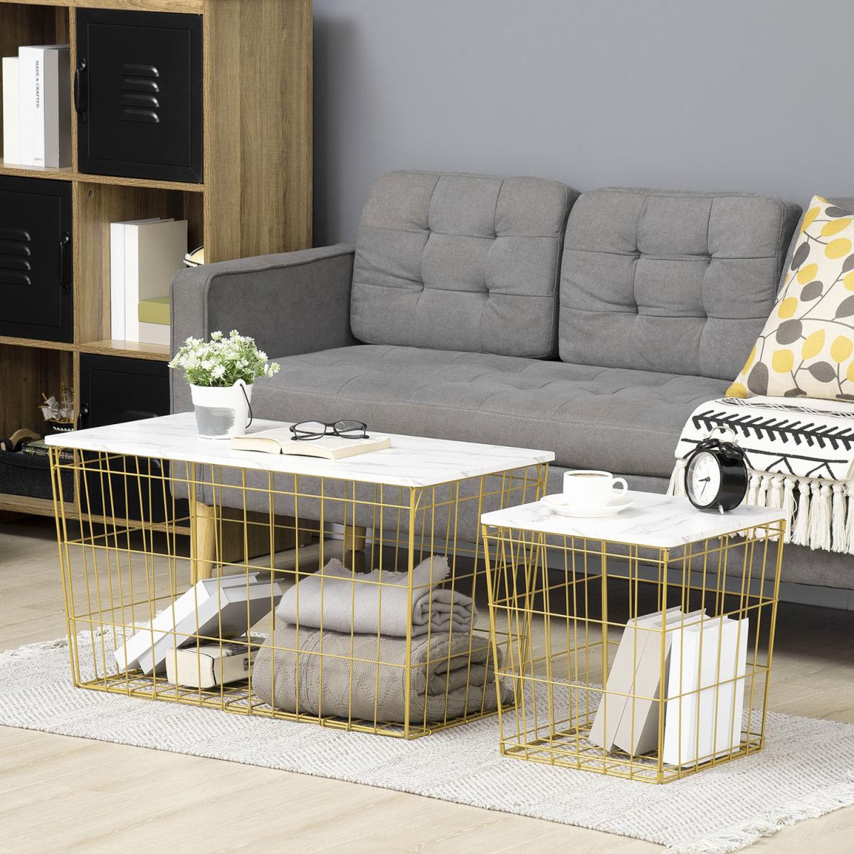 Side Table Set of 2 with Wire Storage Basket, Faux Marble Top - White, Golden – image 2
