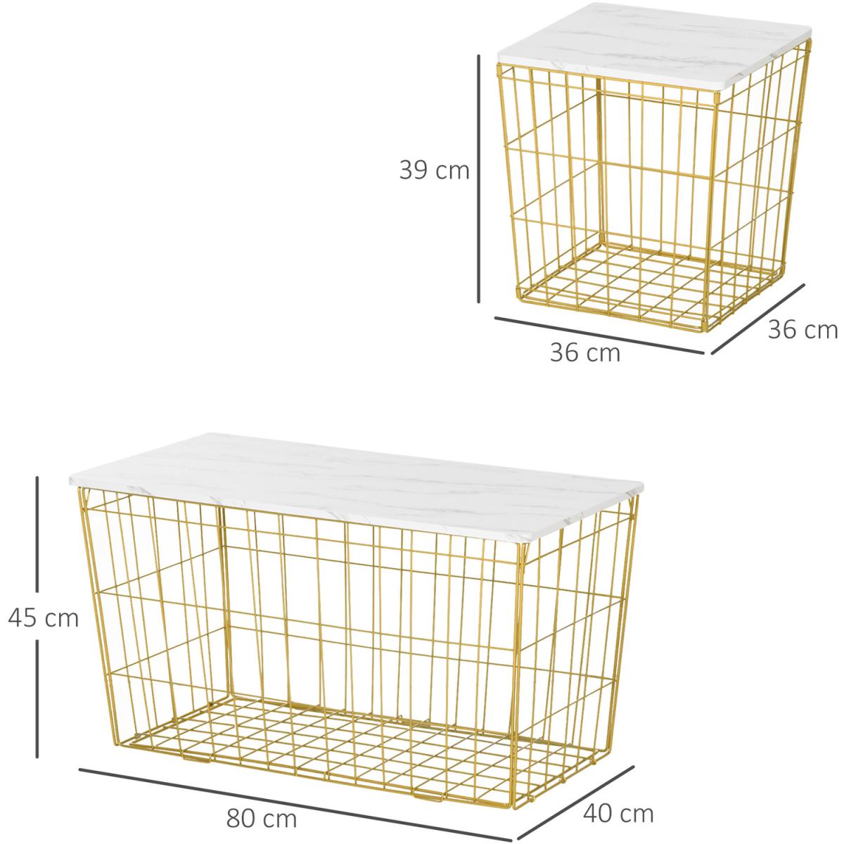 Side Table Set of 2 with Wire Storage Basket, Faux Marble Top - White, Golden – image 3