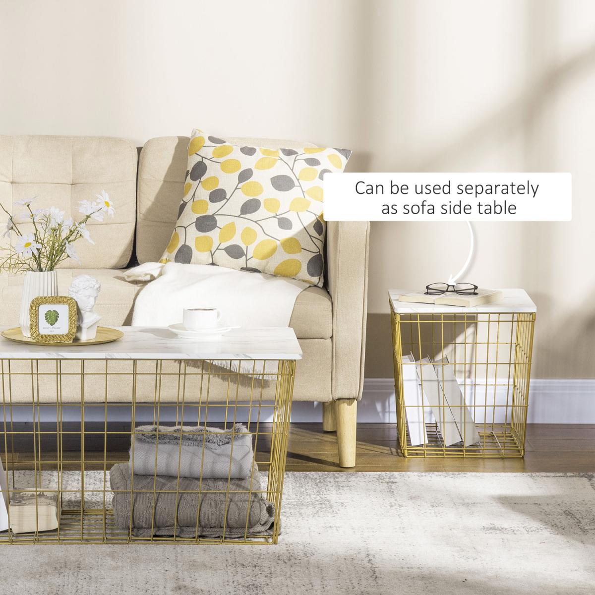 Side Table Set of 2 with Wire Storage Basket, Faux Marble Top - White, Golden – image 5