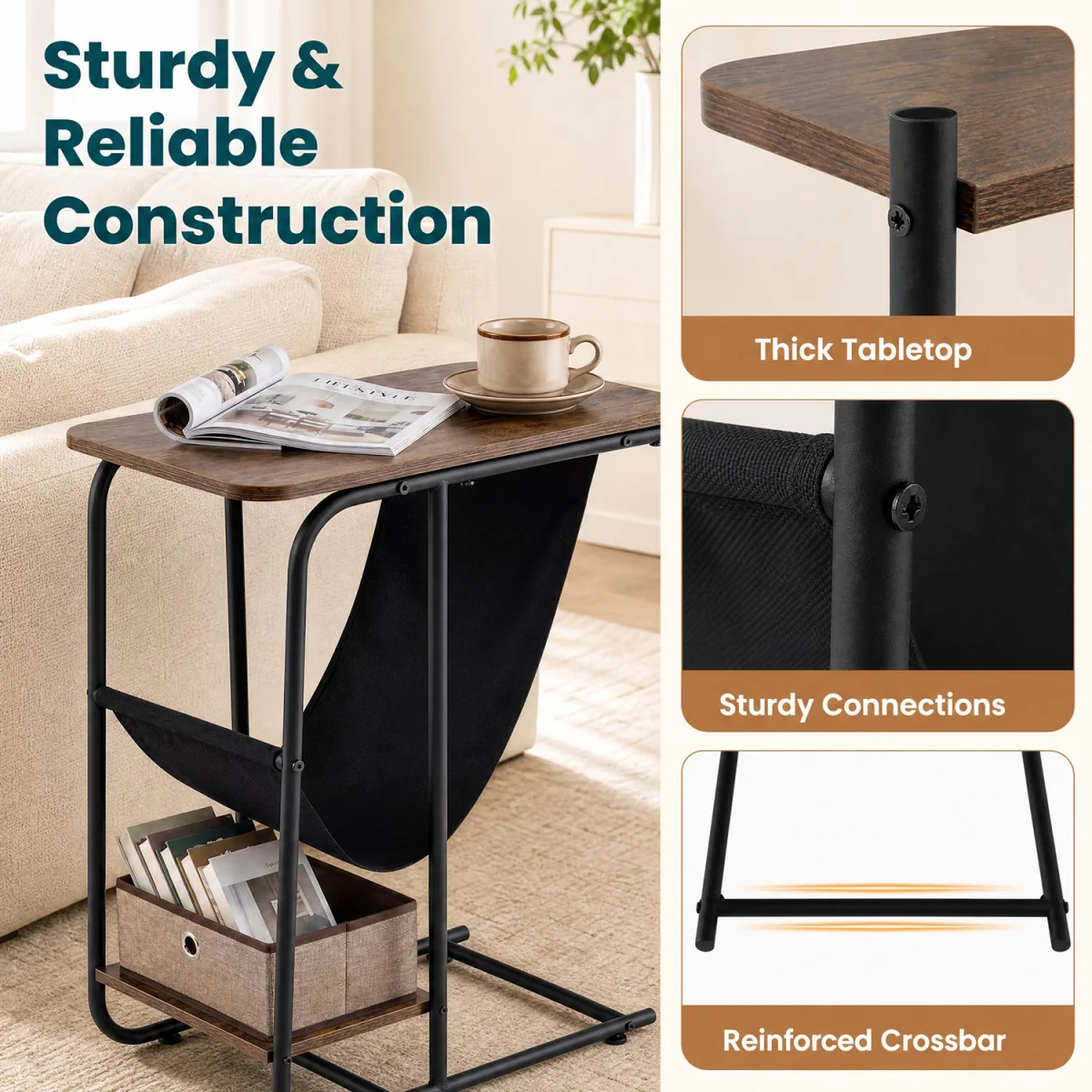 C Shaped End Table with Canvas Book Holder And Bottom Storage Shelf - Brown – image 2