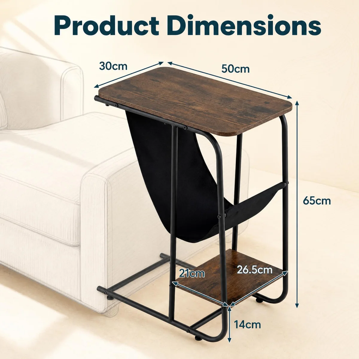 C Shaped End Table with Canvas Book Holder And Bottom Storage Shelf - Brown – image 3