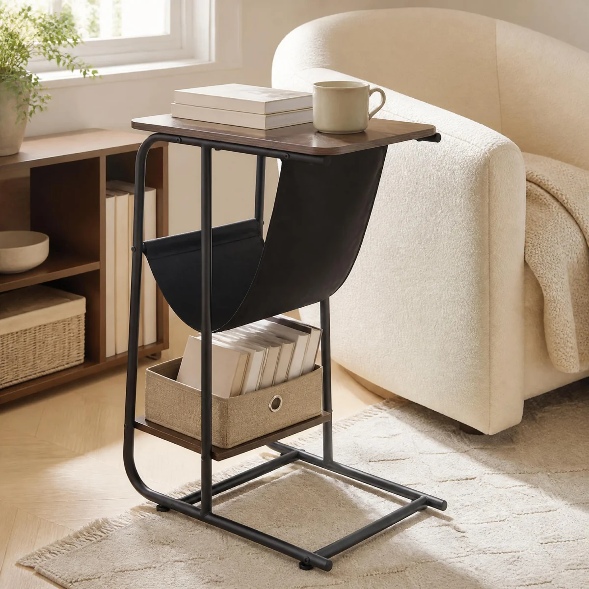 C Shaped End Table with Canvas Book Holder And Bottom Storage Shelf - Brown – image 4
