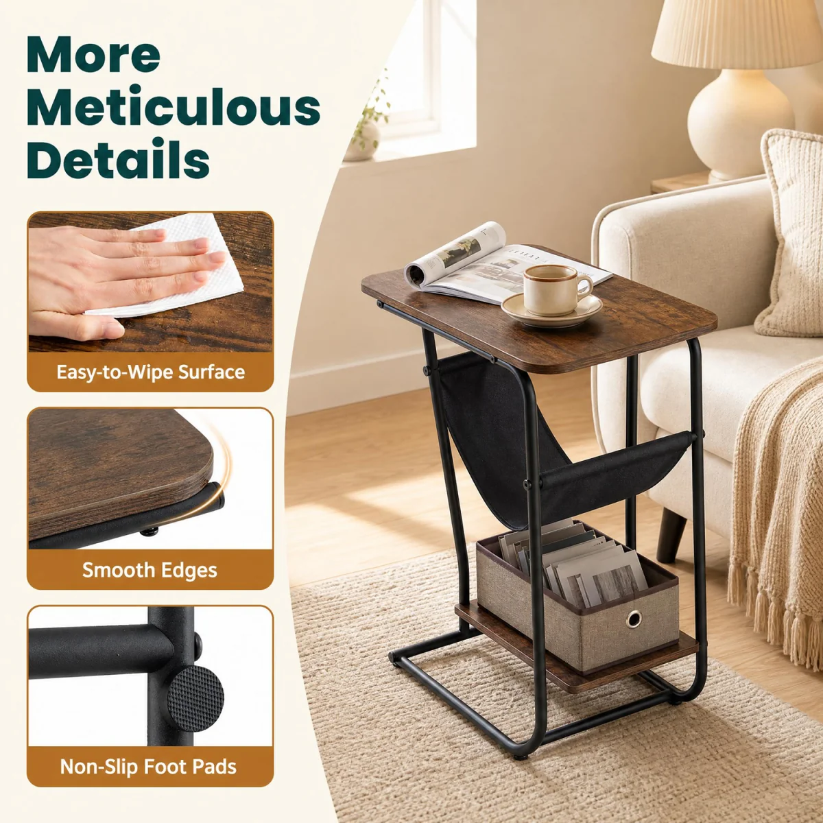 C Shaped End Table with Canvas Book Holder And Bottom Storage Shelf - Brown – image 5