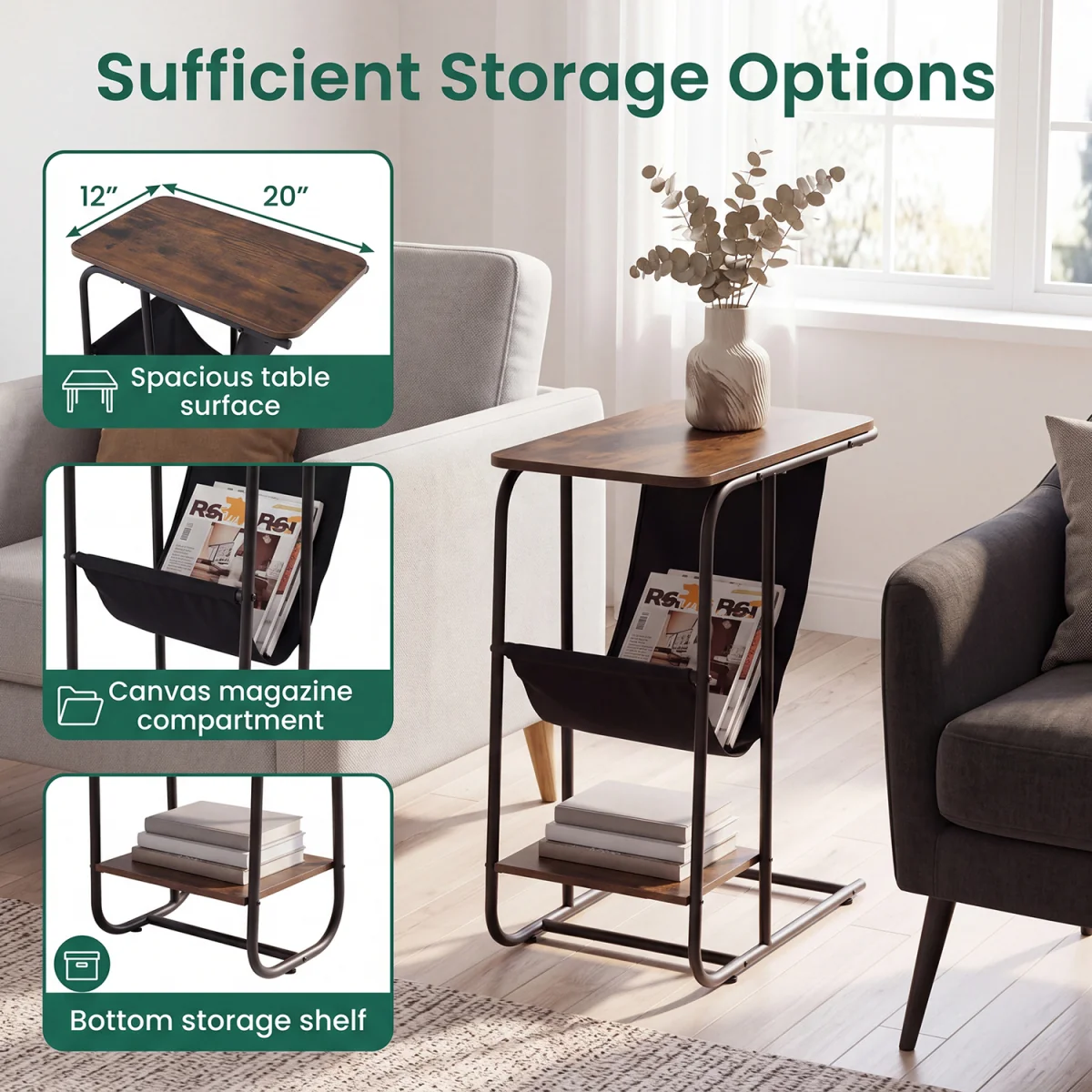 C Shaped End Table with Canvas Book Holder And Bottom Storage Shelf - Brown – image 6