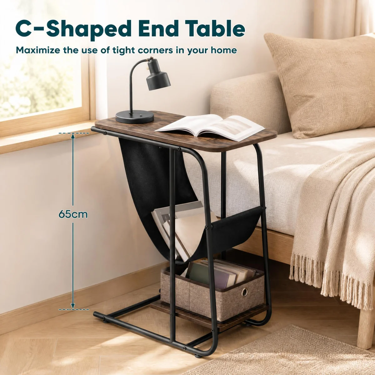 C Shaped End Table with Canvas Book Holder And Bottom Storage Shelf - Brown – image 7