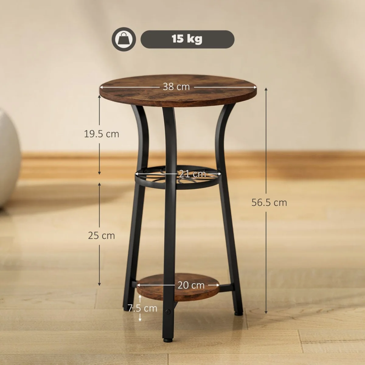 Neri Rustic Brown Round 3-Tier Side Table with Floral Patterned Shelf – image 3