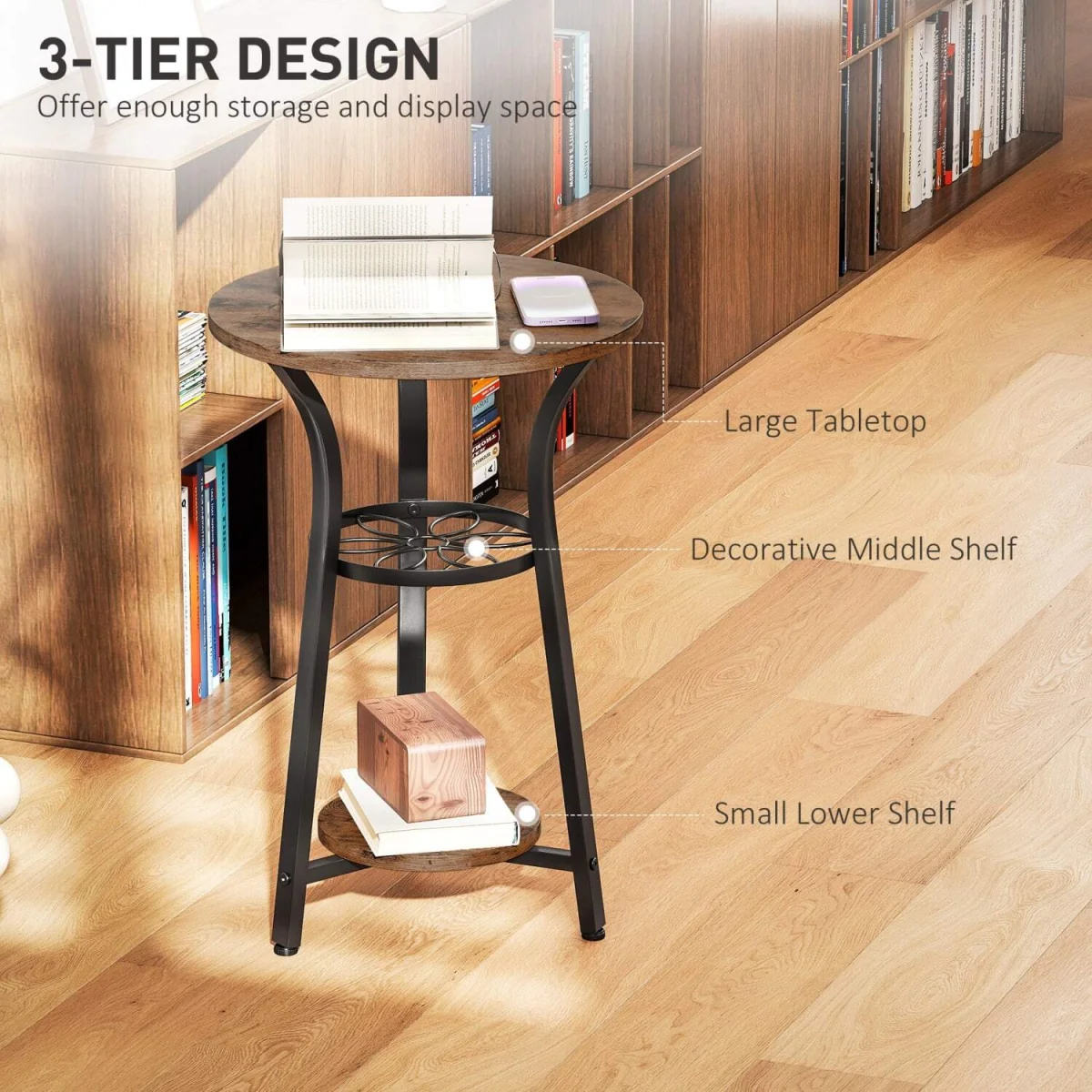 Neri Rustic Brown Round 3-Tier Side Table with Floral Patterned Shelf – image 4