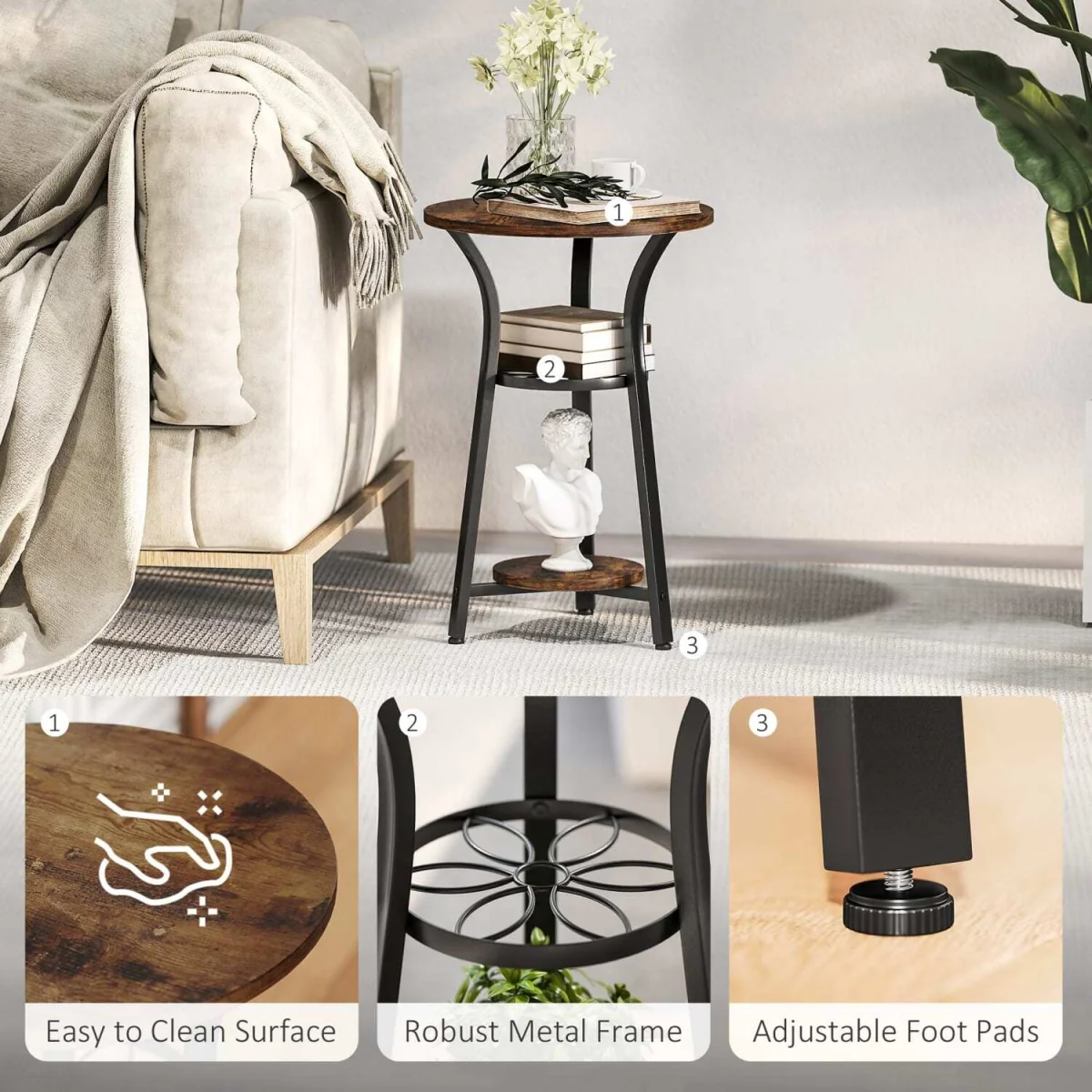 Neri Rustic Brown Round 3-Tier Side Table with Floral Patterned Shelf – image 5