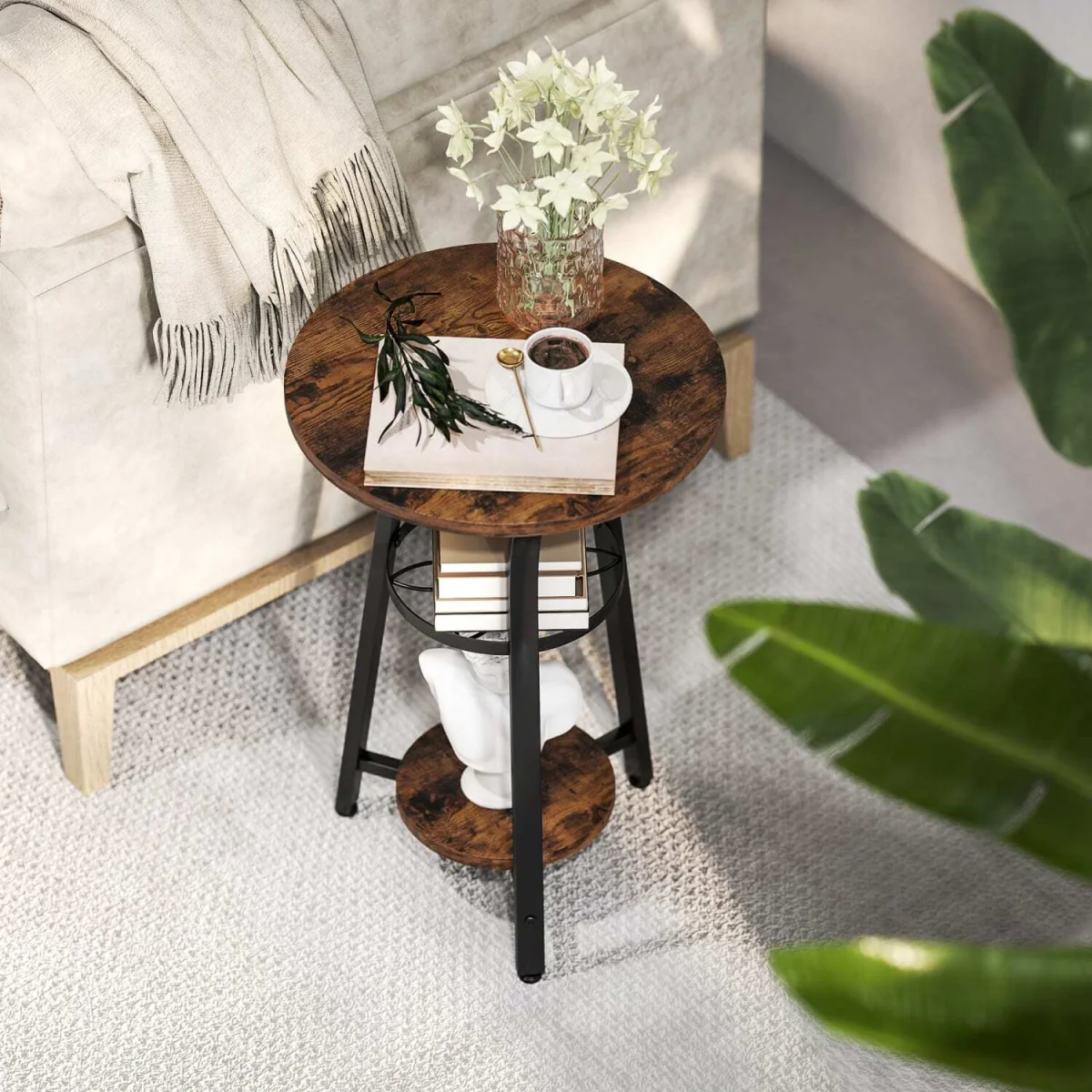 Neri Rustic Brown Round 3-Tier Side Table with Floral Patterned Shelf – image 6