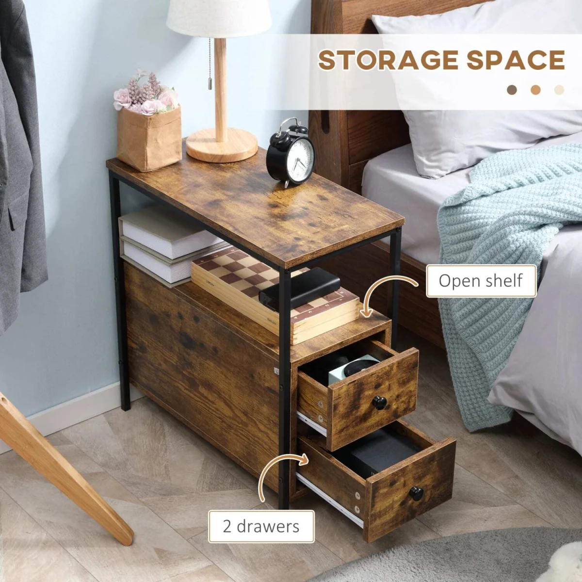 Mirayo Set of 2 Narrow Industrial Side Tables with 2 Drawers and Shelves, Rustic Brown – image 2
