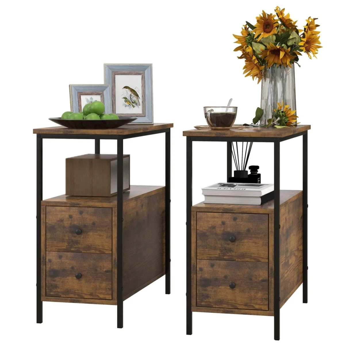Mirayo Set of 2 Narrow Industrial Side Tables with 2 Drawers and Shelves, Rustic Brown – image 3