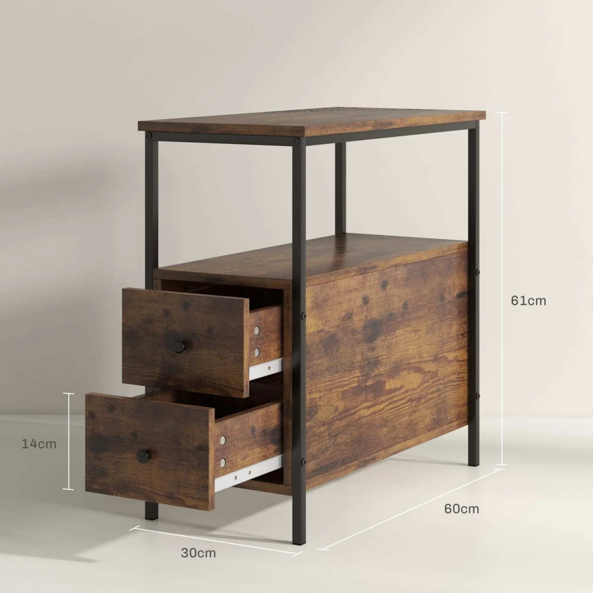 Mirayo Set of 2 Narrow Industrial Side Tables with 2 Drawers and Shelves, Rustic Brown – image 4