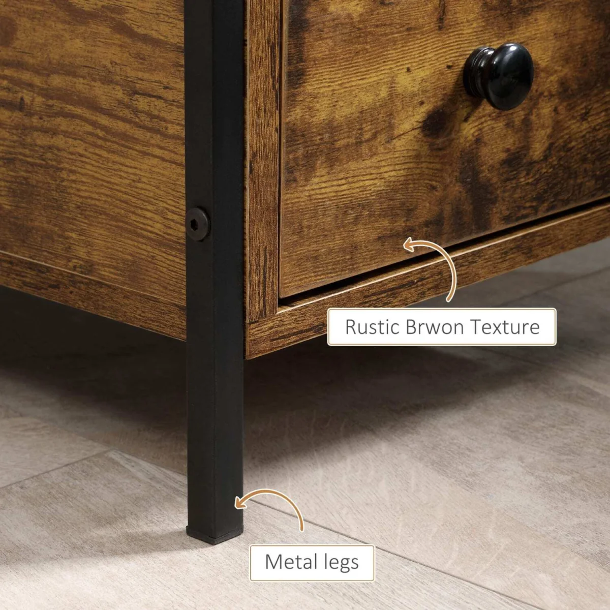 Mirayo Set of 2 Narrow Industrial Side Tables with 2 Drawers and Shelves, Rustic Brown – image 6