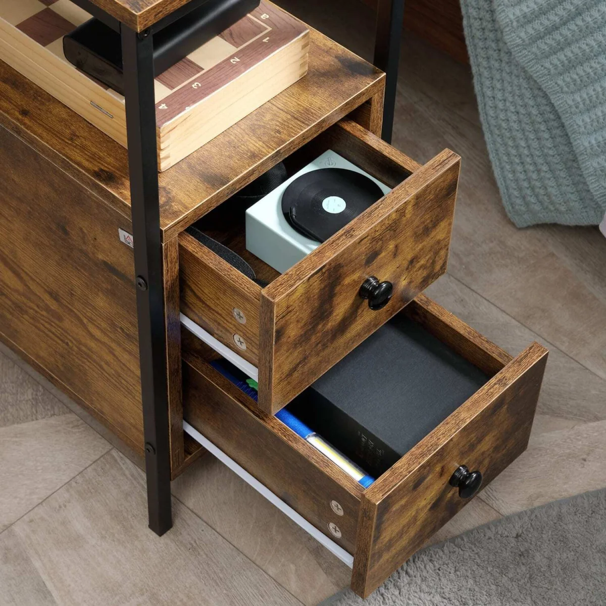 Mirayo Set of 2 Narrow Industrial Side Tables with 2 Drawers and Shelves, Rustic Brown – image 7