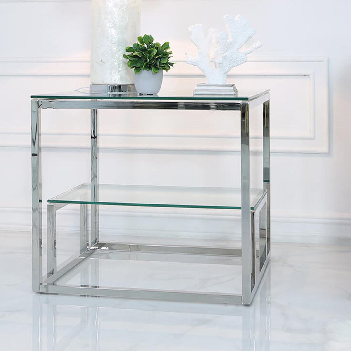 Harry Steel And Clear Glass Tiered End Table, Side Table - Silver – image 1